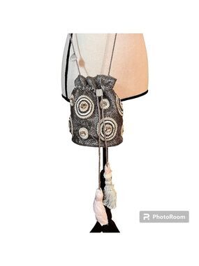 NWT From St Xavier Garnet Drawstring Silver and White Beaded Bag